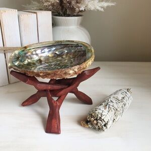 Abalone Shell Bowl With Smudge Kit, Wooden Stand And Sage